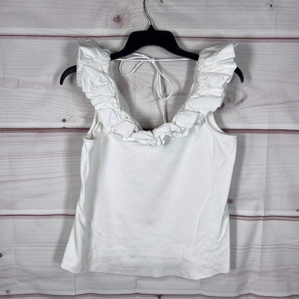Maeve Anthropologie Tank Top Women 1X White Ruffle Neck Ribbed Knit Sleeveless